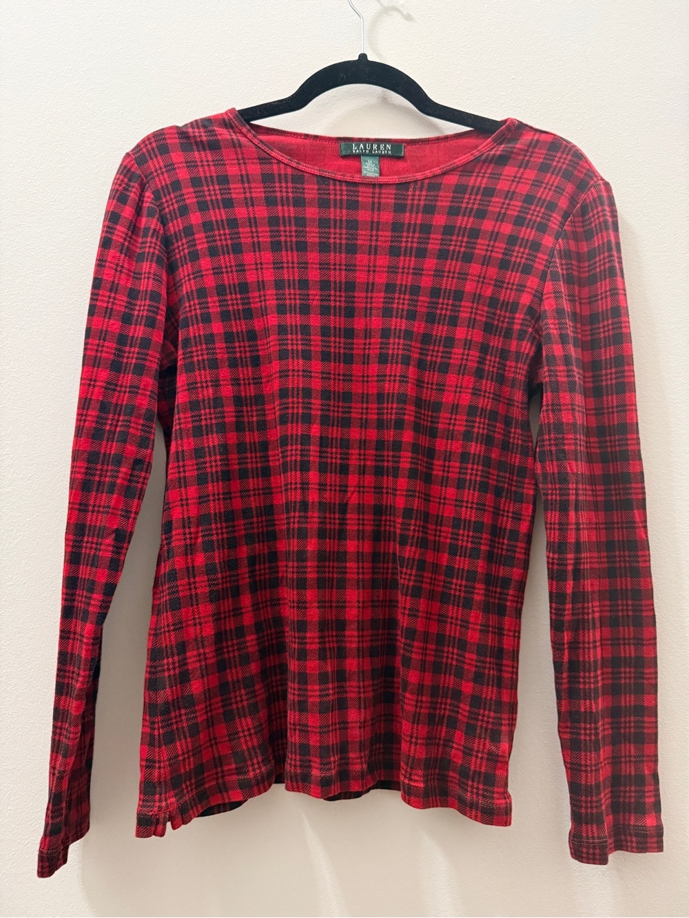 Lauren Ralph Lauren Red Black Plaid Tartan Boat Neck Long Sleeve Cotton Top M